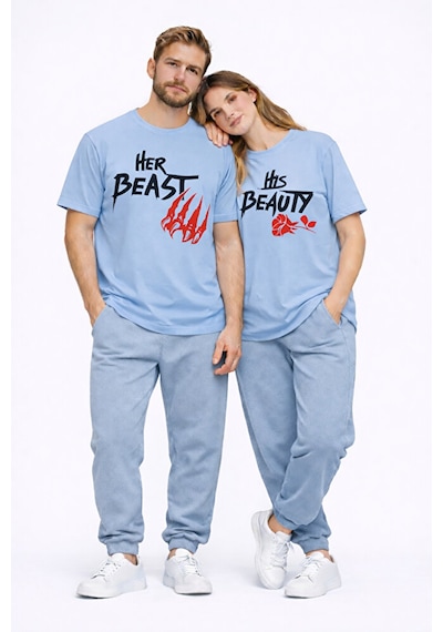Sevgili Kombini Her Beast His Beauty Oversize Çift Tişört Unisex Mavi