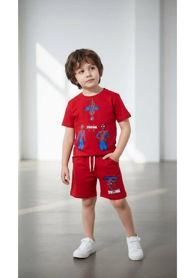 Miniko Kids Erkek Çocuk Spiderman Örümcek Adam Modelli Pamuk Şortlu Takım Kırmızı