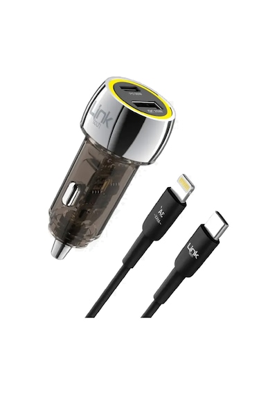 Linktech C438 55w Dual Pd30w + Qc25w Şeffaf Araç Şarj Aleti Type-c To Lightning Kablo Set -