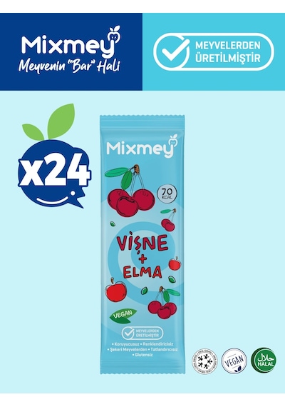 Mixmey Vişne Meyve Barı 24 Adet | Atıştırmalıklar – Vegan, Glutensiz, Koruyucusuz (20GR X 24 ADET)