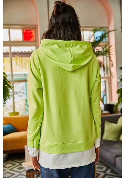 Meecy Kadın Fıstık Yeşili Garnili Kapşonlu Salaş Sweatshirt Yeşil Yeşil