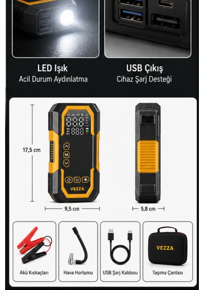 4'ü 1 Arada 90w Şarjlı Akü Ateşleyici Lastik Şişirici Powerbank Led Işık 150psi Yüksek Basınçlı