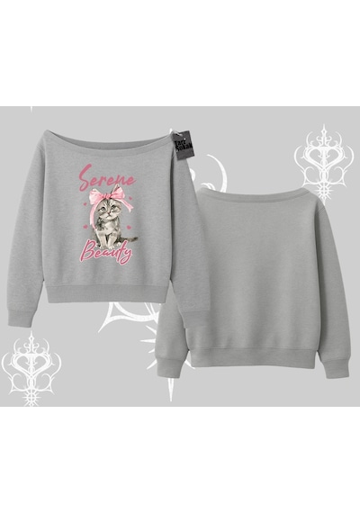 Startmore Serene Beauty Kedi Baskılı Kayık Yaka Sweatshirt Gri