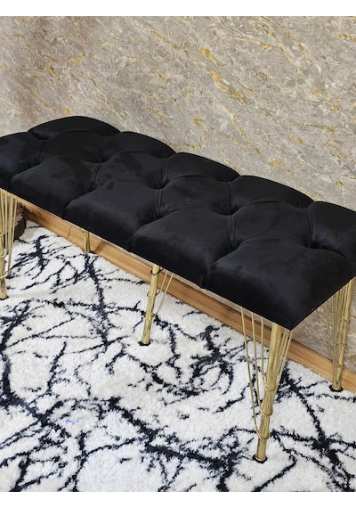 Zafir Metal Gold Tel Ayaklı 100 Cm Puf Bench - Puf - Bench - Oturak - Mutfak Oturağı - Antre Oturağı Siyah