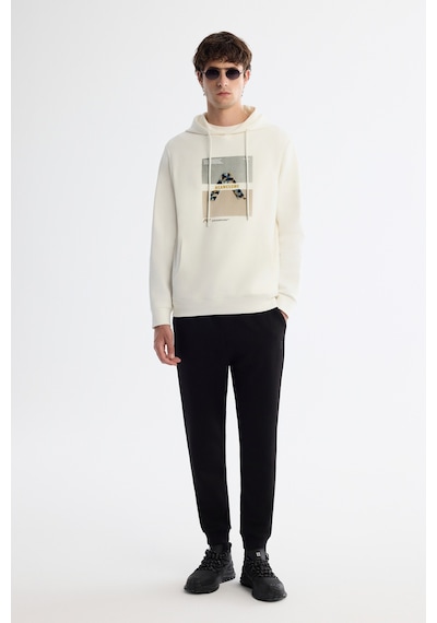 Avva Erkek Ekru Kapüşonlu Pamuklu Baskılı Elastan Regular Fit Sweatshirt A42y1321