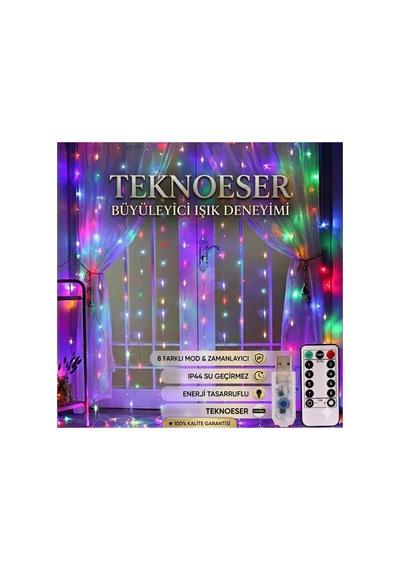 Rengarenk Fonksiyonlu Peri Led Perde Işık - 8 Modlu Kumandalı Zamanlayıcılı Animasyonlu Usb Mikro Led Çok Renkli