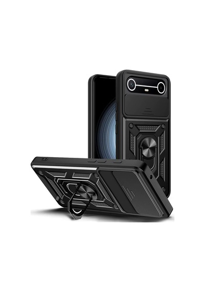 Caseonn Tecno Spark Slim 5g Kılıf Sürgülü Kamera Korumalı Yüzüklü Mıknatıslı Tank Kapak Siyah