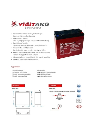 Yiğit Akü Ygd12-24f A 12 V 24 Ah Jel Elektrikli Motosiklet Aküsü - 2026