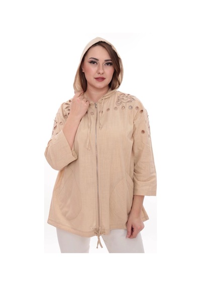 Lady Majestic Büyük Beden %100 Cotton Kapüşonlu Hırka Rahat Ve Şık Tasarım - 44462 Bej