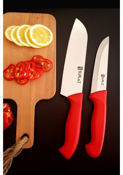 Sürlaz Red Santoku Şef Bıçak Seti Mutfak Bıçağı 2'li Çok Renkli