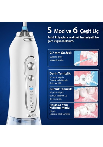 Şarjlı Kablosuz Ağız Duşu, Hızlı Ve Etkili Diş Arası Temizliği 300 Ml Su Hazneli, 5 Modlu, 6 Başlıklı, Ipx7 Su Geçirmez, Diş Taşı Temizliği Beyaz 51949243