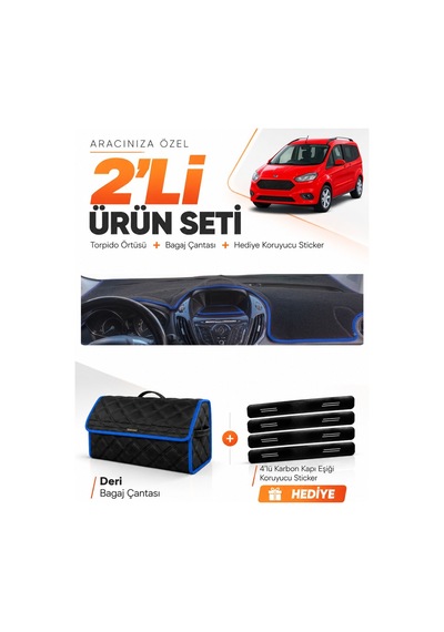 E-biz Ford Courier 2013-2020 Ekranlı Uyumlu Torpido Örtüsü + Deri Çanta - Siyah-mavi - Fo003