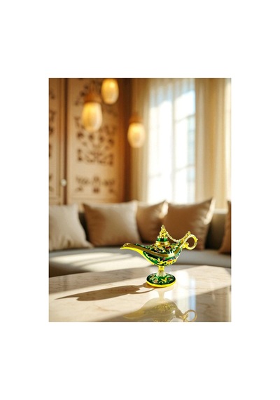 Aladdin Sihirli Lambası Mineli Renkli İşlemeli Dekoratif Biblo Alaattin Metal Çelik 23x15 CM