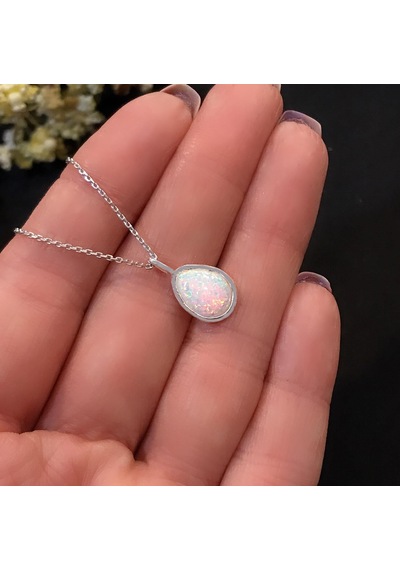 Stella Gümüş Opal Taşlı Damla Kolye Beyaz