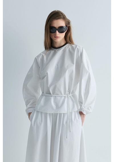 Suud Collection Beyaz Lara Kemerli Bluz