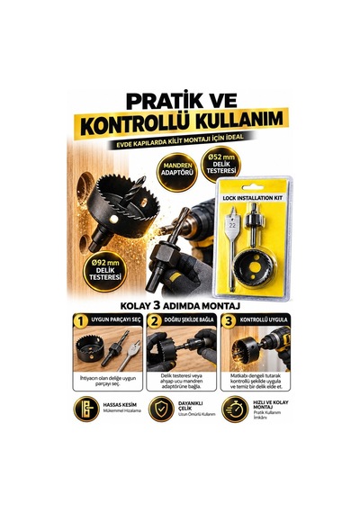 3 Parça Kilit Montaj Seti Ahşap Uç Kapı Kilit Açma