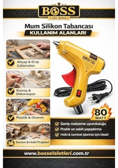 Boss 80 Watt Silikon Tabancası, Kalın 11 Mm Silikon Çubuk Uyumlu, Güçlü Ve Hızlı Yapıştırma Performansı, Yer