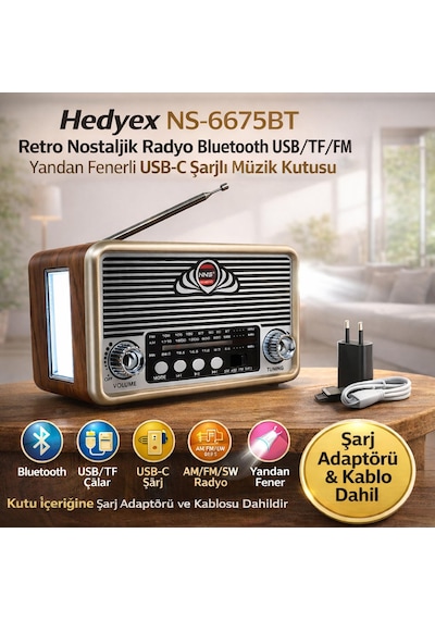 Hedyex Ns-6675bt Retro Nostaljik Radyo Bluetooth Usb/tf/fm Yandan Fenerli Usb-c Şarjlı Müzik Kutusu