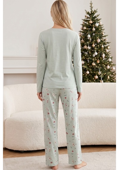 Siyah İnci Yılbaşı Temalı Pamuklu Likralı Örme Pijama Takım26241180 Yeşil