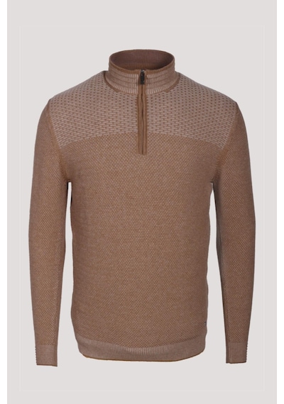 Erkek Triko Yarım Fermuarlı Camel Slim Fit Desenli Pamuklu Knitwear Ncs Jeans 3709 Camel