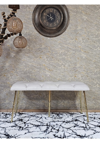 Zafir Metal Gold Tel Ayaklı 100 Cm Puf Bench - Puf - Bench - Oturak - Mutfak Oturağı - Antre Oturağı Krem