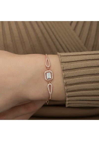 Çekirdekjewelry Nidam Butik Gümüş Rose Dikdörtgen Baget Bileklik Gümüş