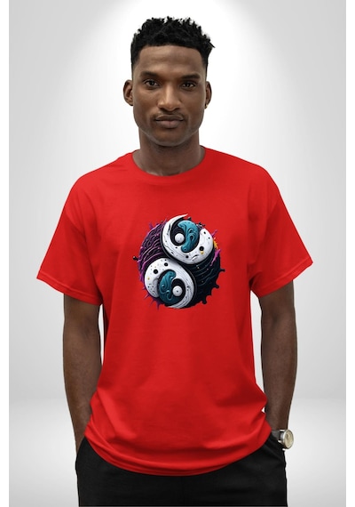 Renkli Yin İle Yang Kuramı Pamuklu Bisiklet Yaka Unisex Oversize Boyfriend Dijital Baskılı Kırmızı T-shirt Kırmızı