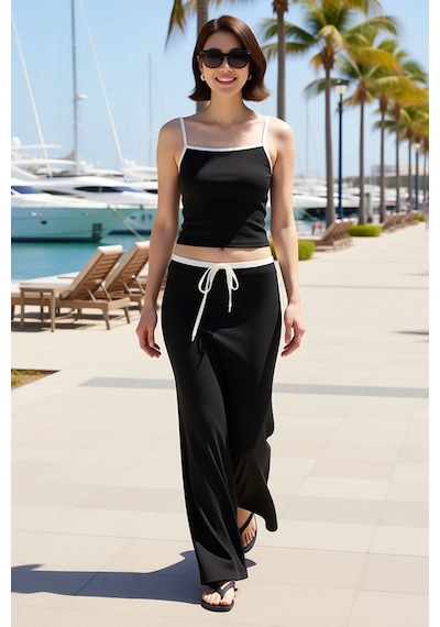 Benerly Kadın İnce Askılı Havuz Yaka Fitted Esnek Örme Crop Top Maxi Etek siyah