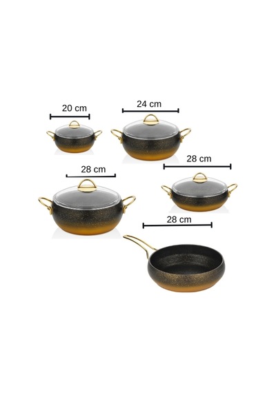 Caldora 9 Parça Granit Güveç Tencere Seti Siyah Gold Saplı -20/24/28 Derin-28 Basık-28 Güveç Tava