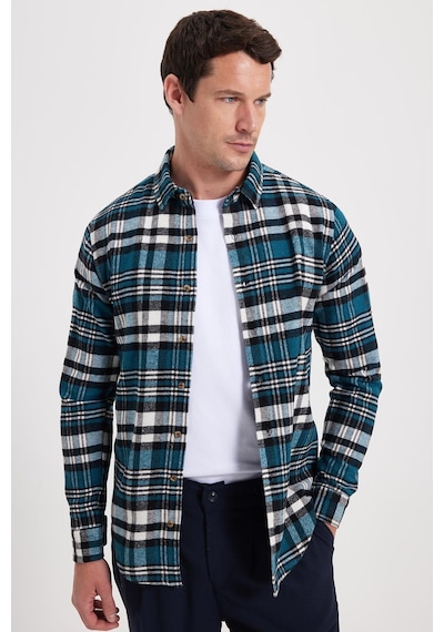 Tudors Erkek Slim Fit Dar Kesim Kareli Kışlık Oduncu Gömlek-42341 Petrol