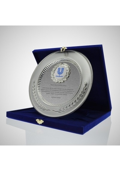 Kişiye Özel Baskılı Kırmızı - Lacivert Kutu 25 Cm Tabak Plaket 30,5x30,5x5,5 Cm Gümüş - Gold