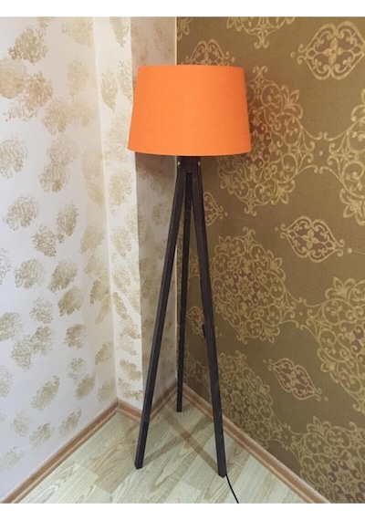 Tripod Ayaklı Lambader Klasik Kumaş Şapka Turuncu Kahve Ly618