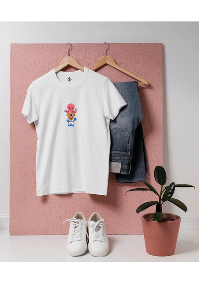 Oversize Ahtapot Şapka Ve Mini Dalgıç Tasarım Unisex T-shirt Beyaz
