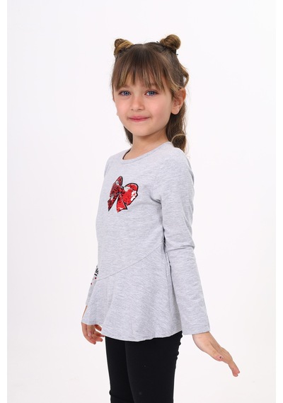 Toontoy Kids Toontoy Kız Çocuk Göğsü Pullu Fiyonklu Nakışlı T-shirt Gri Melanj