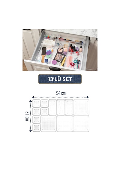 Meleni Home 13'lü Takı Kozmetik Düzenleyici - Modüler Makyaj Çekmece İçi Düzenleyici - Mutfak Banyo Organizer