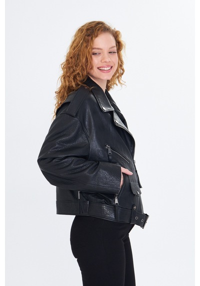 M M Marki Marki Kadın Hakiki Jumbo Deri Ceket Biker Tarz, Kemerli, Oversize, Apoletli, 65 Cm, Siyah - 507322