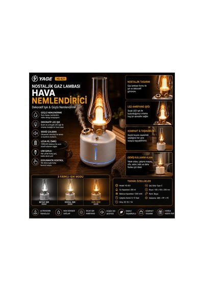 Nostaljik Gaz Lambası Tasarımlı Hava Nemlendirici Led Işıklı Usb Şarjlı Dekoratif Buhar Makinesi Beyaz