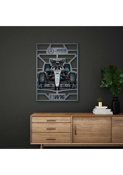 Gümüş-siyah Formula 1 Yarış Aracı Metal Tablo 91x125 Cm Çok Renkli