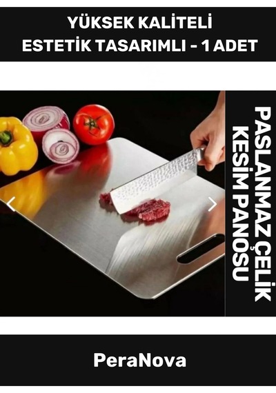 Yüksek Kaliteli Estetik Tasarımlı Dayanıklı Kaymaz Yüzey Paslanmaz Çelik Sebze Meyve Et Kesim Panosu Gümüş