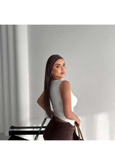 Kadın Derin V Yaka Dantel Detaylı Slim Fit Bluz Kolsuz Şık Kadın Bluz Beyaz