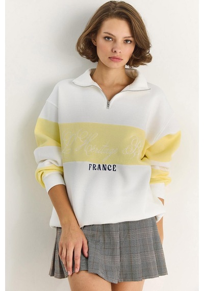 Shade Kadın Yarım Fermuarlı Nakış Detaylı Renk Bloklu Oversize Sweatshirt 10001 60283561 - Beyaz-sarı Çok Renkli Shade Kadın Yarım Fermuarlı Nakış Detaylı Renk Bloklu Oversize Sweatshirt 10001 60283561 - Beyaz-sarı Çok Renkli