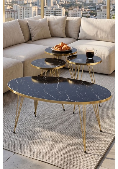 Northcity Zigon Sehpa Ve Orta Sehpa Elips Set Gold Bendir Tel Gold Çam