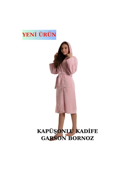 Pamuklu Kapüşonlu Çocuk Garson Boy Unisex Cepli Bukle Kadife Bornoz Gül Kurusu