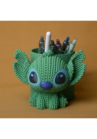 3d Baskı Knitted Kalemlik - Sevimli Karakterli Masaüstü Kalem Organizeri-yeşil Çok Renkli