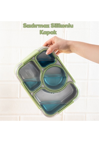 Porsima Bl25239 Isı Yalıtımlı Paslanmaz Çelik Sızdırmaz Silikon Kapak 4 Bölmeli Vakumlu Yemek Termosu Beslenme Kutusu Taşınabilir Lunch Box Sefer Tası Yeşil