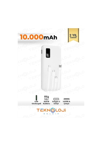 10.000 Mah Powerbank Elfenerli Dijital Led Gösterge Kendinden Kablolu Taşınabilir Şarj Aleti 4 Çıkış BEYAZ