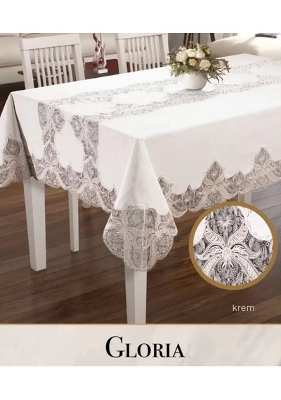 Gloria Model Krem Keten Tek Masa Örtüsü 160x300 Cm Dantelli Şık Yemek Masası Örtüsü
