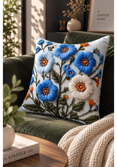 4'lü Set Çiçekli Dekoratif Kırlent Kılıfı 43x43 Cm, 3d Efektli Dijital Baskı - Mavi Çiçek Bahçesi Çok Renkli