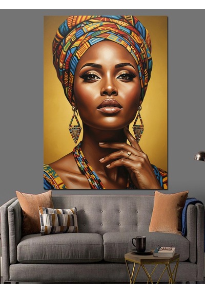 Ahşap Tablo Etnik Desenli Başlıklı Afrikalı Kadın Portresi Sarı Fon