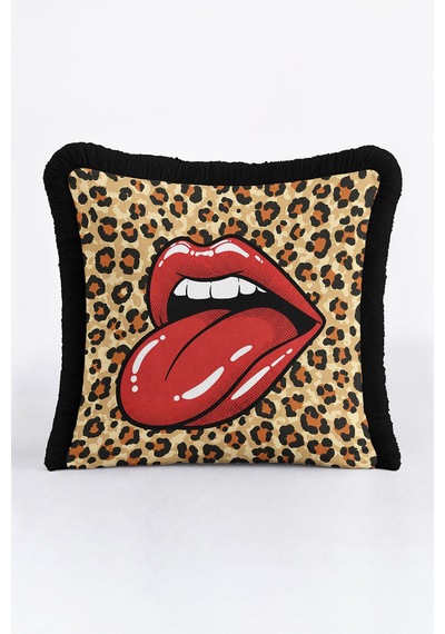 Pop Art Dudak Leopar Desenli Saçaklı Yastık Kılıfı-fenomen Kırmızı Eklektik Püsküllü Kırlent Kılıfı Soft Göl Taş
